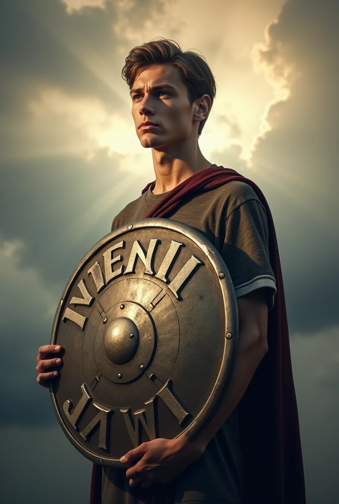 young man looking straight ahead with determination, holding a shield with the word "integrity".