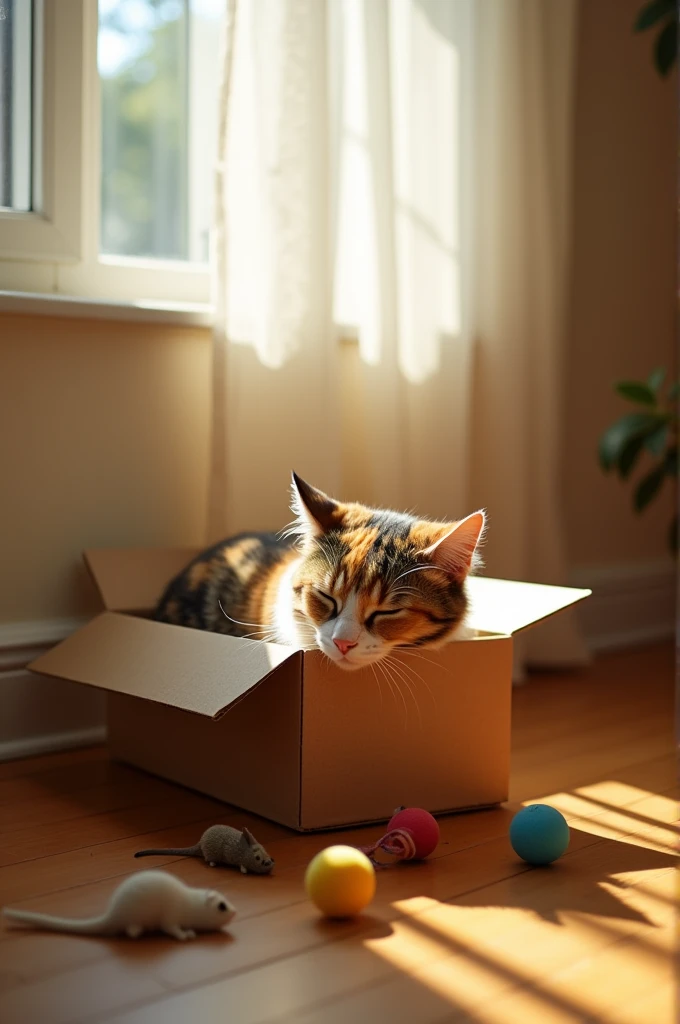 Create an image of a cat sleeping in a cardboard box