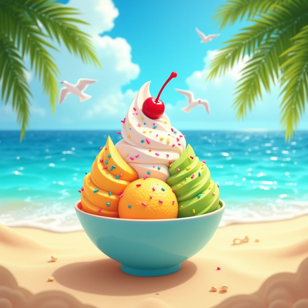 Create an image of an ice cream bowl in a tropical beach.