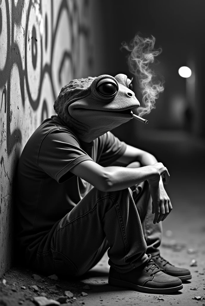 A toad who is a young man from 2024, a bad person who smokes, does drugs, dresses poorly, and is in black and white.