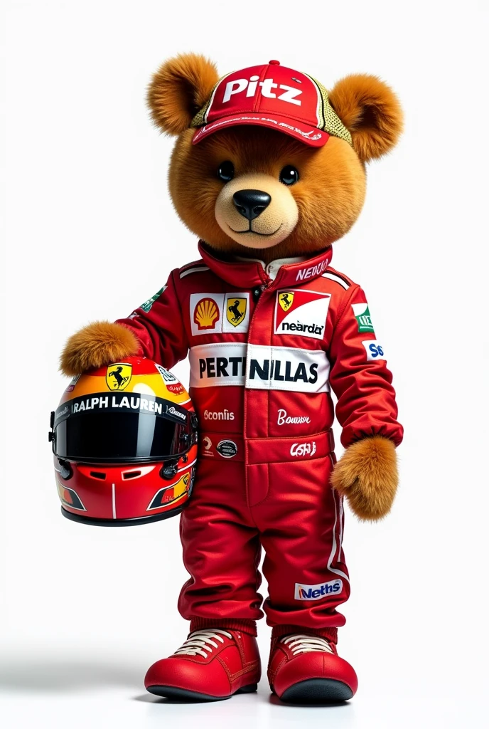 Ralph Lauren's Polo bear dressed in Formula 1 attire, the racing team is called Pit'z with a white background, holding a helmet in his hand.