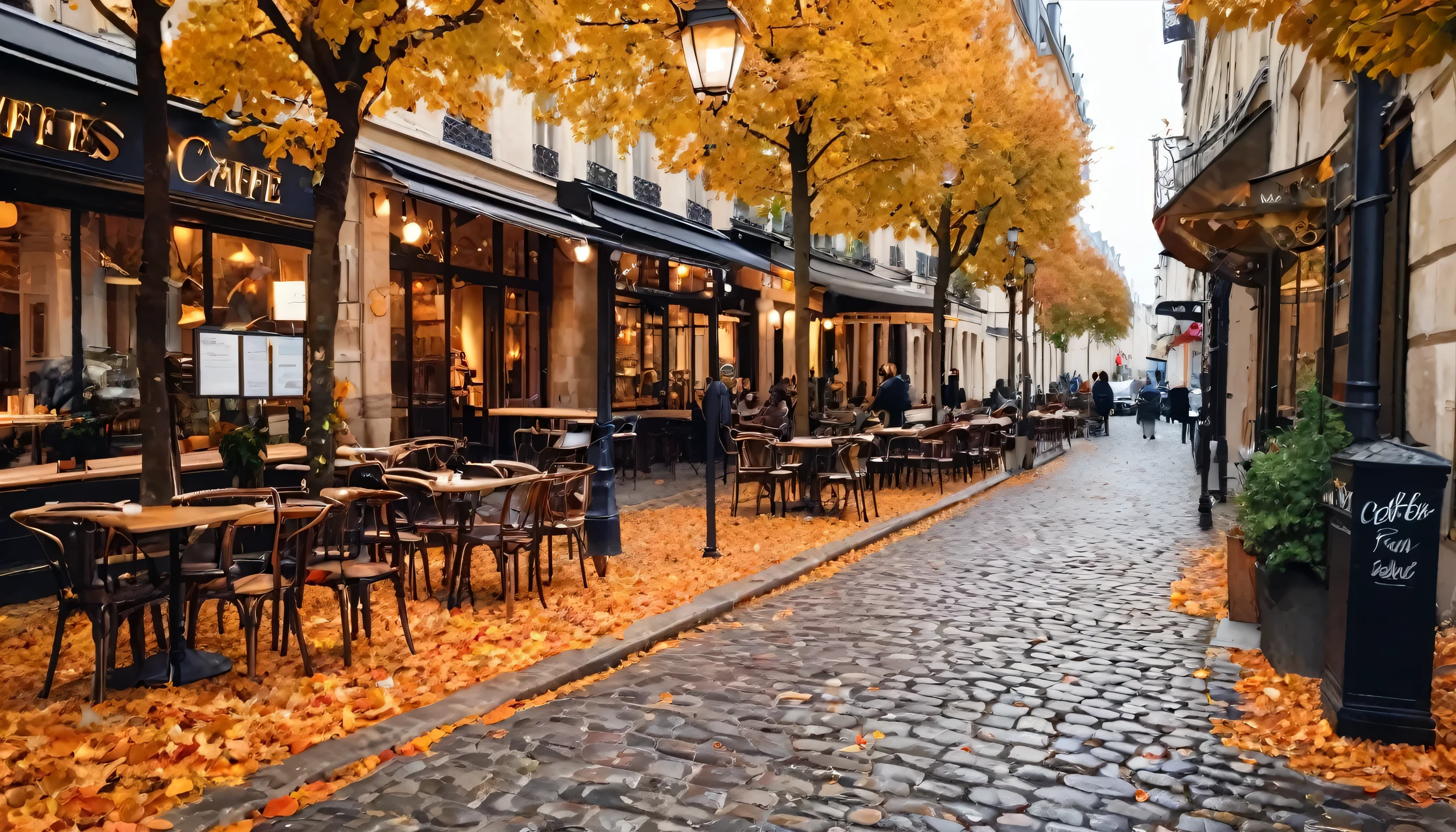 Paris Coffee Cafe, Outdoor, Atmosphere outside the coffee shop, Autumn, cobblestone street