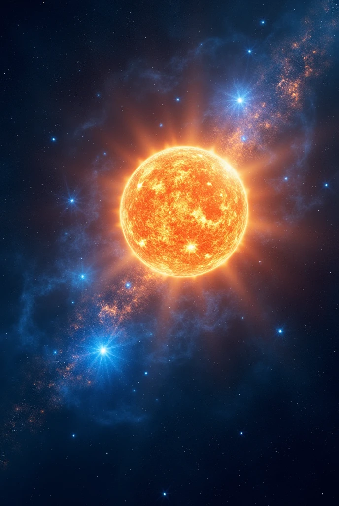 Stages of a bright sun with many bright blue stars around  