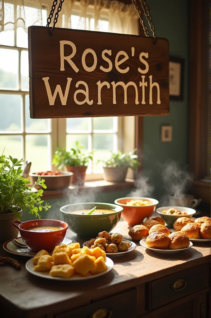 A sign that reads 'Rose's Warmth' with homemade food dishes