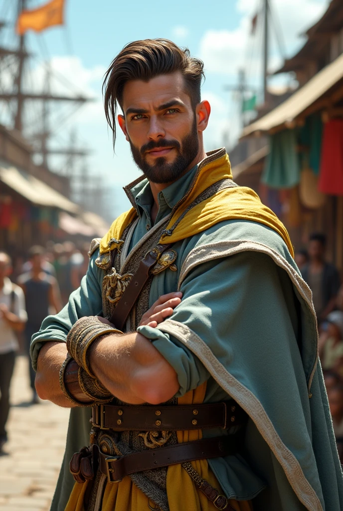 A male smuggler wearing a grey, white and yellow patterned robe with an elegant cloak.. He has green eyes and wears a friendly expression, with a brown parting and a hairdresser's haircut, and a beard. 