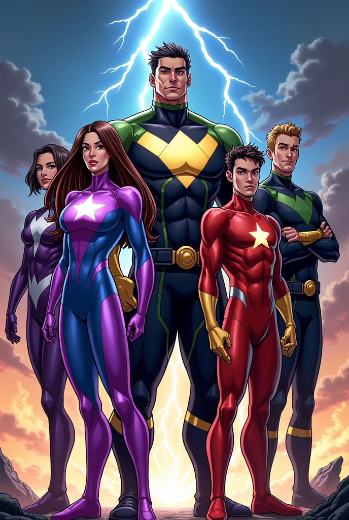 1.-Starforce (The Leader)
Appearance: Starforce is a woman with a bright suit that combines purple and blue tones, with a large star on his chest representing his name. Her hair is long, silky, and light brown in color.
2.- Roy (The Fast One)
Appearance: Roy is tall and athletic with a red suit with yellow details. His hair is short and black.
3.-Sergio (The Intellect)
Appearance: Sergio wears a dark green suit with silver details. He wears technological glasses that give him real-time information. He has curly hair and dark brown hair.
4.-Lucas (The strong)
Appearance: Lucas wears a black and gold suit. He is tall and muscular, with short black hair.
5.-Andrés (The Changer)
Appearance: Andrés wears a dark blue suit with white details. He has light brown hair and an elegant demeanor.
6.-Lennart (The Illusionist)
Appearance: Lennart wears a purple suit with gold details. He has a messy hairstyle and dark hair.