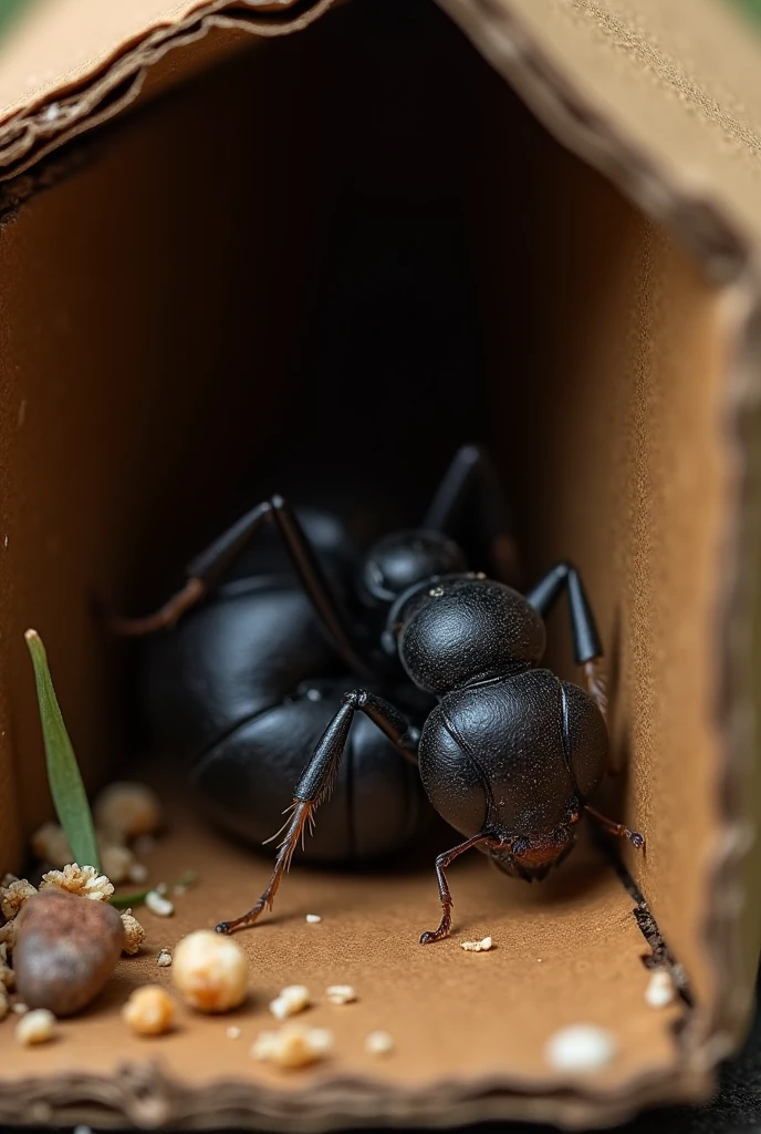 Create an image of an ant sleeping in a cardboard box