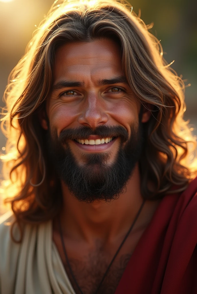arafed man with long hair and beard smiling at camera, jesus face, portrait of jesus christ, jesus christ, gigachad jesus, jesus, face very realistic, accurate ultra realistic faces, digital art. photo realistic, rendering of close up portrait, jesus of nazareth, extremely realistic faces, photorealistic faces, very very very realistic, detailed realistic face