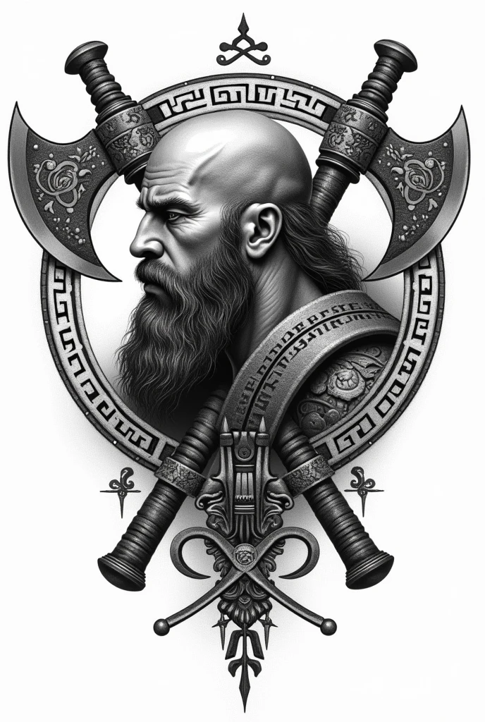 Black and white pointillism Viking tattoo in profile with Viking runes and sharp axes 