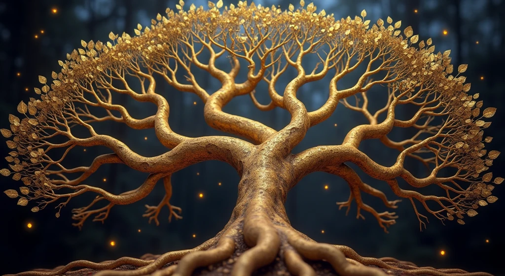 a close-up of a tree with a black background and a golden tree, golden sacred tree, the tree of Life, tree of Life, cosmic tree of life, ancient tree, Fantasy Tree, rich tree, highly detailed fine art, complex organic painting, highly detailed painting, the world tree, tree of Life seed of doubt, cosmic tree, magic tree