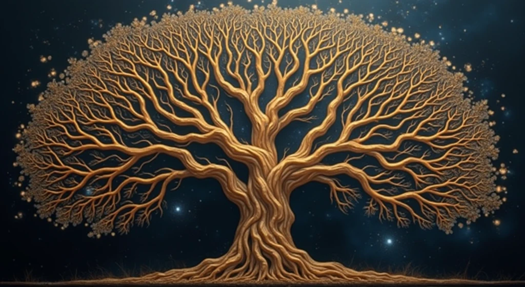 a close-up of a tree with a black background and a golden tree, golden sacred tree, the tree of Life, tree of Life, cosmic tree of life, ancient tree, Fantasy Tree, rich tree, highly detailed fine art, complex organic painting, highly detailed painting, the world tree, tree of Life seed of doubt, cosmic tree, magic tree