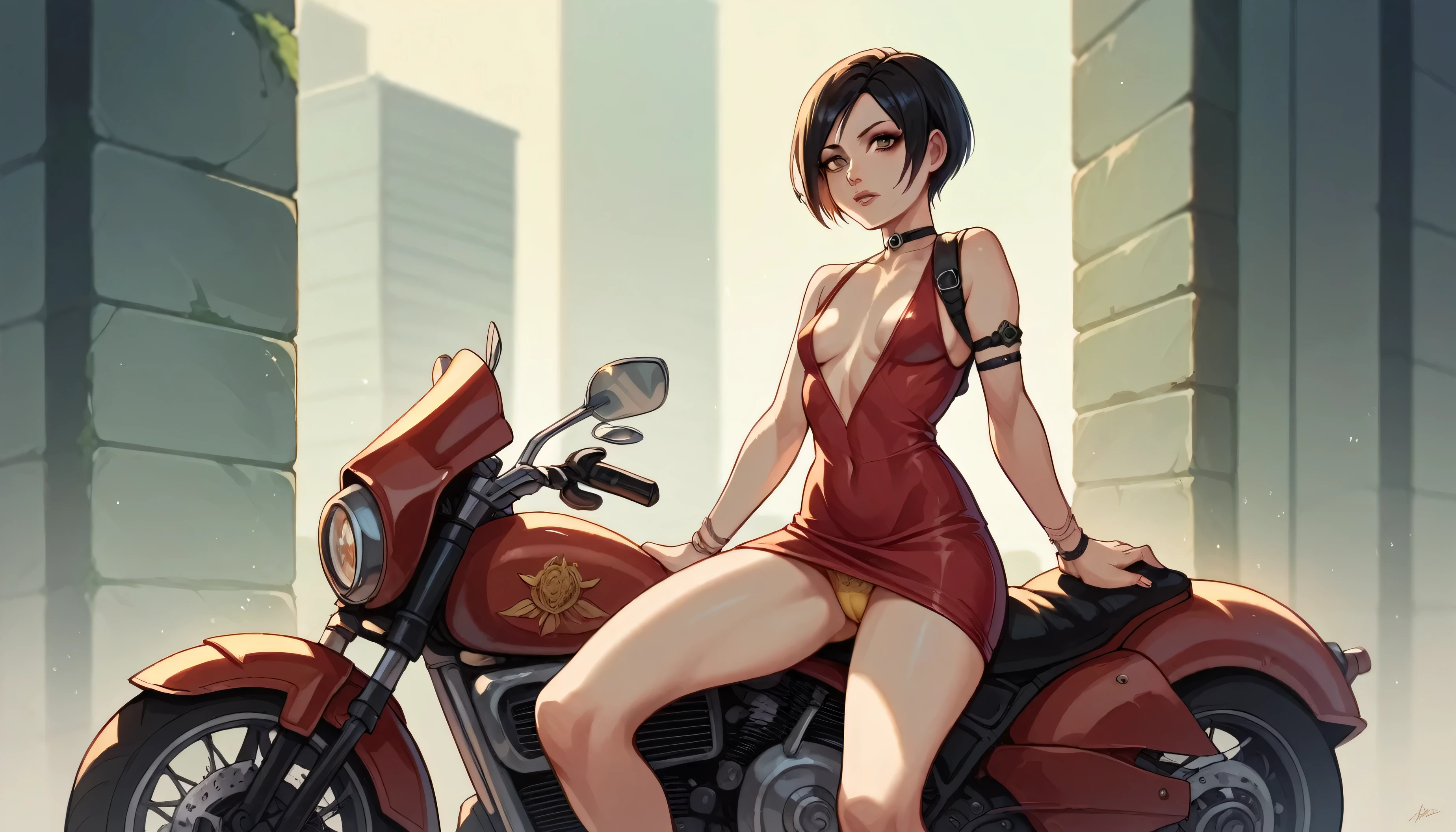 Ada Wong from Resident Evil sitting on a motorcycle wearing a short red dress showing a bit of her yellow panties underneath the dress, small breasts