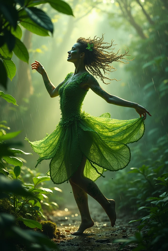 Leaves human body
dancing a forest rain blur background