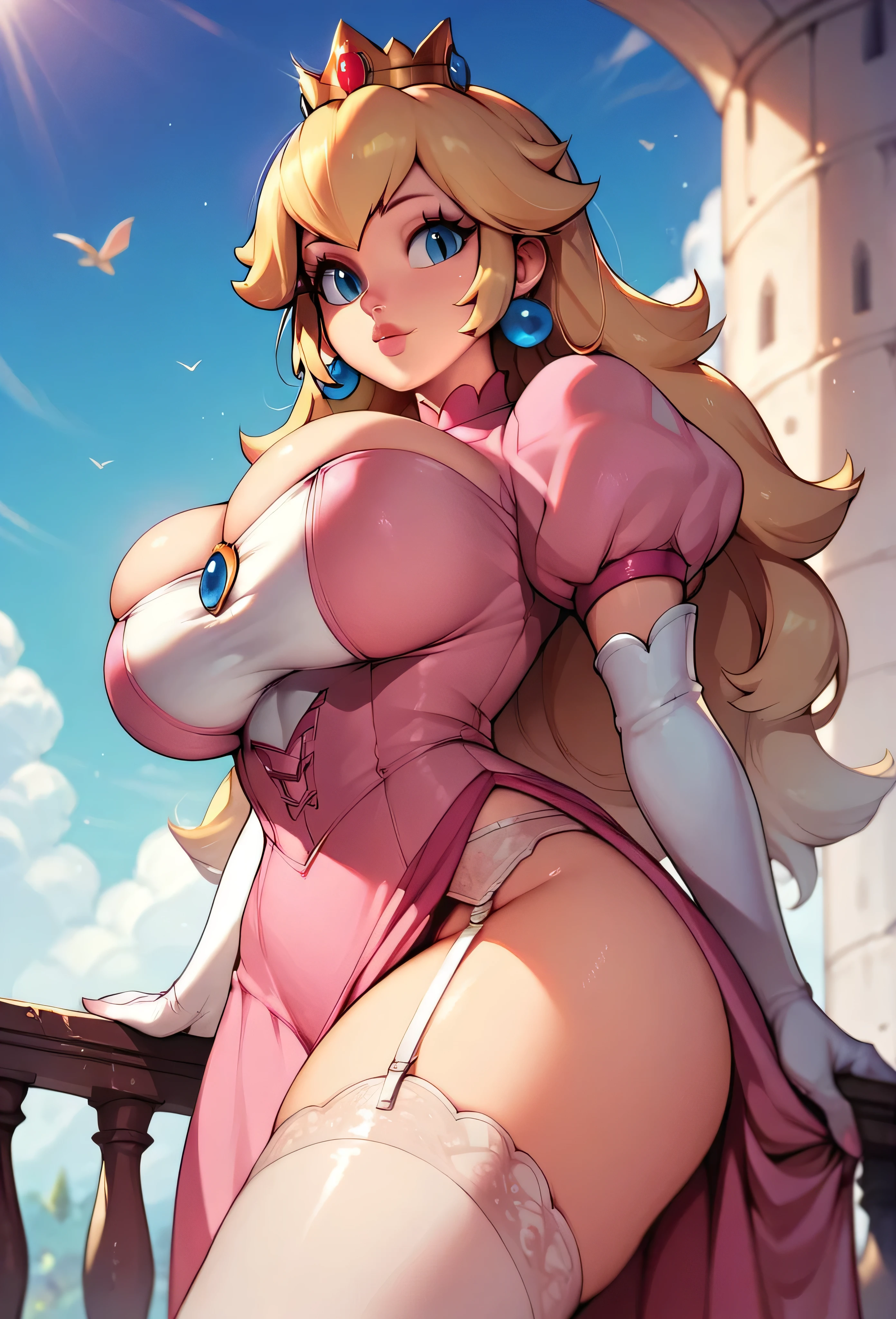 Princess Peach, big breasts, deep cleavage, dress  slit on one side, castle balcony,  no nsfw, garter belt and stockings, view from below