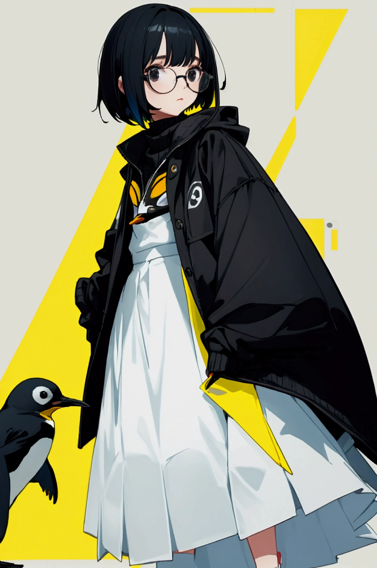 A woman, short black hair with hidden blue light, black eyes, black glasses, wearing a sweater, skirt, the main colors of the outfit are yellow white black and a baby penguin