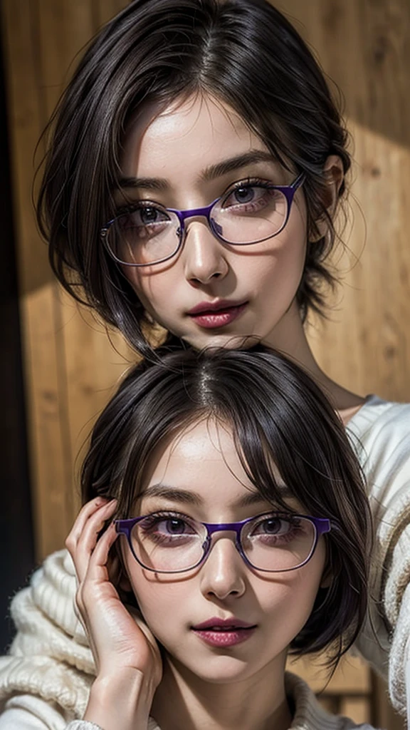 ((Beautiful Face:1.4)), (Purelos Face_v1: 1.0), Half Body,One person, Mature Woman, masterpiece, spouse, goddess,short hair ,((Purple Hair)),Glasses