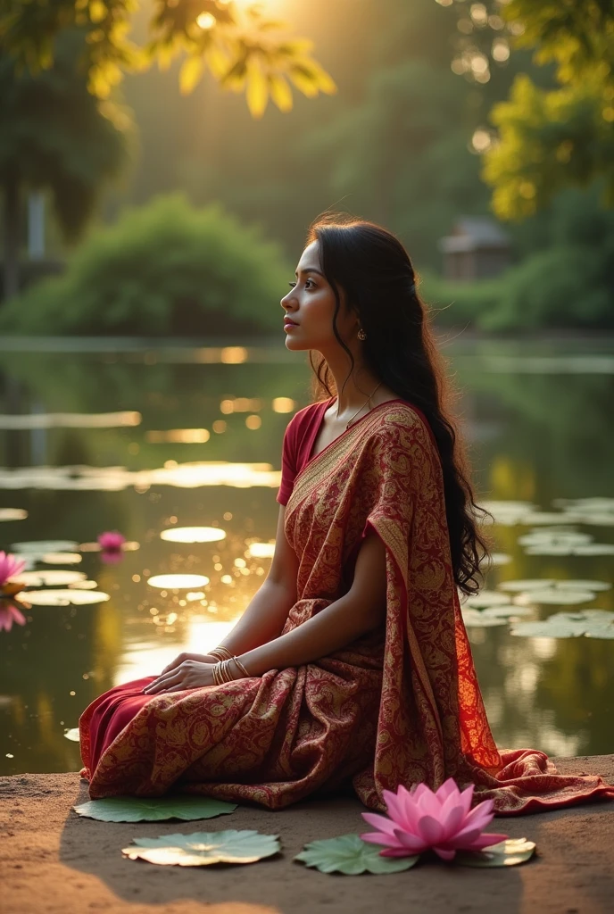 "A woman named Sabina sitting quietly by a pond in a traditional Bangladeshi saree, with a look of contemplation on her face, surrounded by the calm of the morning."