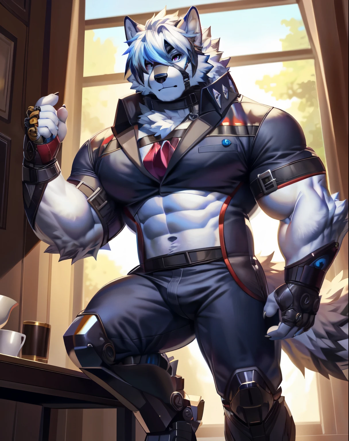 solo, anthro, furry, furry male, wolf, ((fluffy fur, fluffy, furry body)), (wolf print), red eyes, hair tuft, long hair, (light blue body, blue body, lean muscles), wolf tail, ((white hair,)), (white muzzle, white forearms), leg raised, pocket watch, gold pocket watch, pocket watch in hand, face straps, butler uniform, black metal prosthetic legs detailed fluffy fur, detailed face, detailed eyes, smaller arms (full body, round , fluffy ass cyberpunk, valorant,( by raccoon21, by null-ghost, masterpiece, high quality,hi res,8k hd), close-view portrait, looking at viewer, indoors, fancy manor, fancy tea party face, standing next to table, serious expression, camera view angled from above, heavy shadows, athletic build, full body,