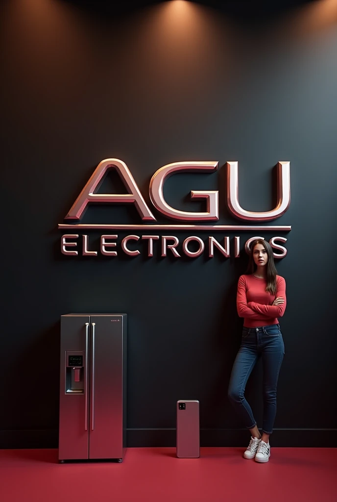 (photorealism:1.2), beautiful womanA 3D metallic mockup "AGU ELECTRONICS" logo captivates against a vibrant black wall, written with an white and wine font colour with a glossy finish. the logo is designed with a small sized Fridge ,phone and "AGU ELECTRONIC S" boldly written on the vibrant wall.