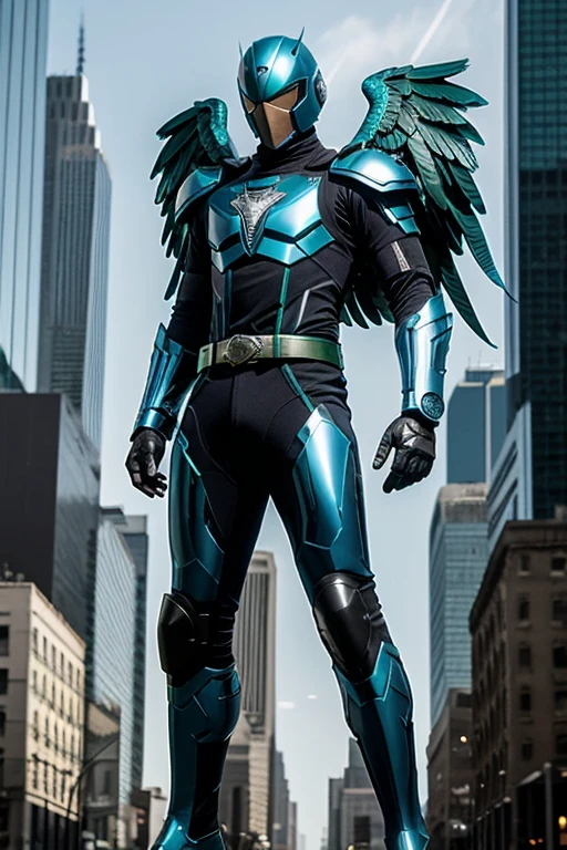 ((best quality)), ((masterpiece)), (detailed), 1 male, full body, 25 years old, masked, blue head, uncovered mouth, blue biker helmet, black collar, tall, thin, black details, a green parrot with a blue head on his side, metallic wings, wings on his suit, blue fingerless gloves, blue wrist guards, luminous blue wings that shoot lasers, blue suit resembling light armor, blue suit with an emblem, completely green chest, emblem on his chest, green pants, deployable bird tail, metallic feathers, gray knee pads, metallic gray boots, metallic bird claws, black superhero belt, flying through the city, midday city background, anime