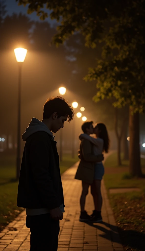 A young young man is standing at a short distance, looking at a couple—a man and a girl—embracing each other in a warm hug. The boy watching them has a sad, longing expression on his face, conveying a sense of loneliness or unspoken feelings. The scene is set in a cozy, dimly lit environment, perhaps a quiet corner of a park or a secluded street at dusk. The surroundings are slightly dark, with soft, warm lighting focused on the couple, while the boy is in the shadow, emphasizing his feeling of being an outsider. The atmosphere is realistic, capturing the raw emotion of the moment, with subtle details like the boy’s clenched hands or downcast eyes, adding depth to the scene. The overall mood is intimate yet poignant, highlighting the contrast between the couple's closeness and the boy's solitude.