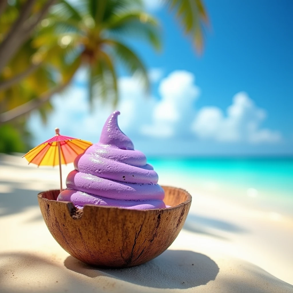 Create an image of an purple ice cream inside a bowl in a tropical beach.