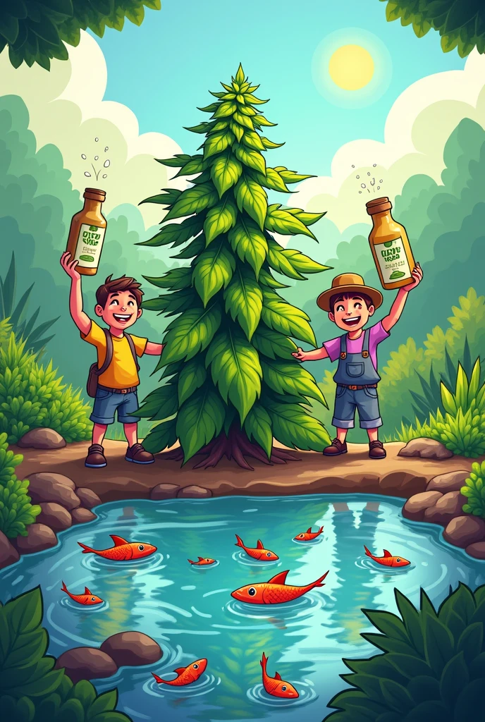 "Colorful cartoon illustration of a cannabis plant growing in rich soil, nourished by a pool of water with happy fish and shrimp. Farmers smiling, holding a bottle of organic fertilizer. Vibrant colors, commercial product style.