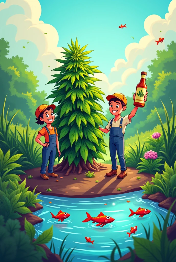 "Colorful cartoon illustration of a cannabis plant growing in rich soil, nourished by a pool of water with happy fish and shrimp. Farmers smiling, holding a bottle of organic fertilizer. Vibrant colors, commercial product style.