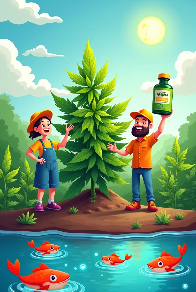 "Colorful cartoon illustration of a cannabis plant growing in rich soil, nourished by a pool of water with happy fish and shrimp. Farmers smiling, holding a bottle of organic fertilizer. Vibrant colors, commercial product style.