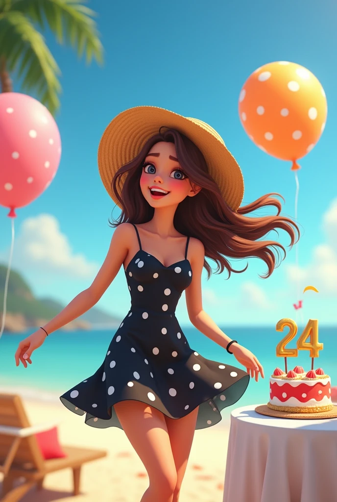 Create an animated image of a young lady with wavy brown hair, white skin, wearing a beach hat and a black dress with a print of white balls, in the background balloons and a cake, also add a balloon with the number 24