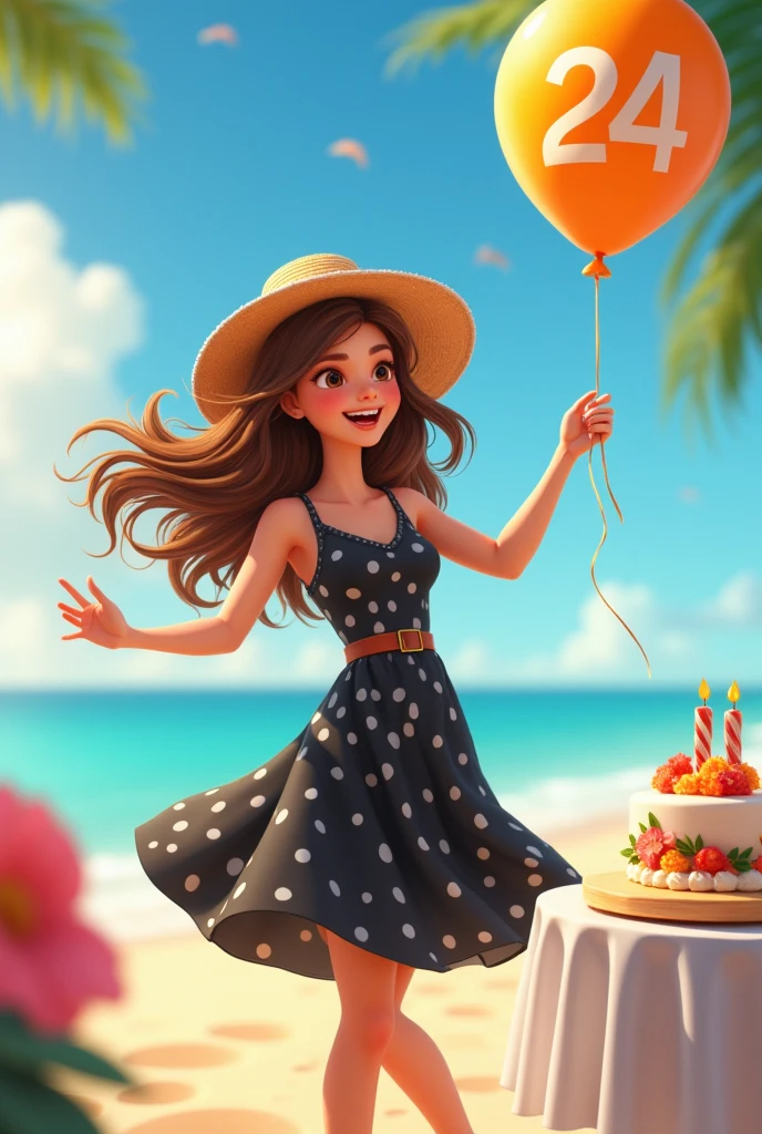 Create an animated image of a young lady with wavy brown hair, white skin, wearing a beach hat and a black dress with a print of white balls, in the background balloons and a cake, also add a balloon with the number 24