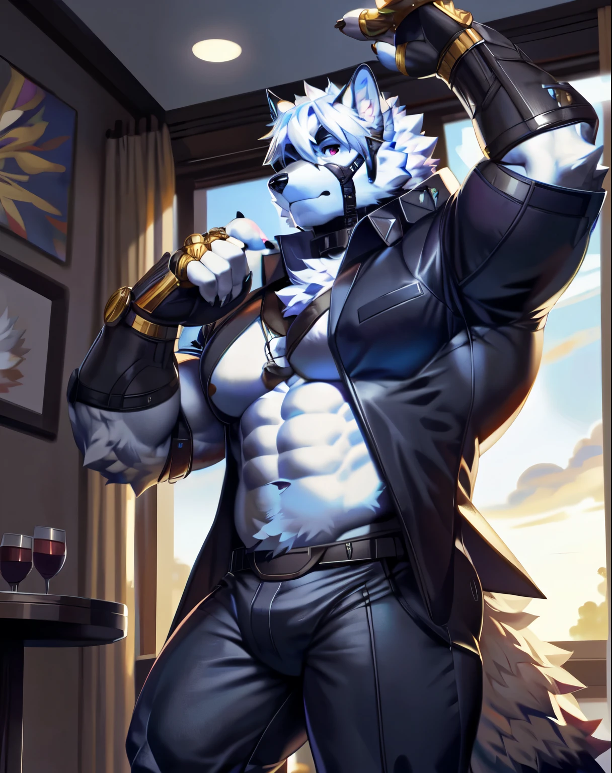 solo, anthro, furry, furry male, wolf, ((fluffy fur, fluffy, furry body)), (wolf print), red eyes, hair tuft, long hair, (light blue body, blue body, lean muscles), wolf tail, ((white hair,)), (white muzzle, white forearms), leg raised, pocket watch, gold pocket watch, pocket watch in hand, face straps, butler uniform, black metal prosthetic legs detailed fluffy fur, detailed face, detailed eyes, smaller arms (full body, round ass, fluffy ass,), cyberpunk, valorant,(by raccoon21, by null-ghost, masterpiece, high quality,hi res,8k hd), close-view portrait, looking at viewer, indoors, fancy manor, fancy tea party cute face, standing next to table, serious expression, camera view angled from above, heavy shadows, athletic build, full body,