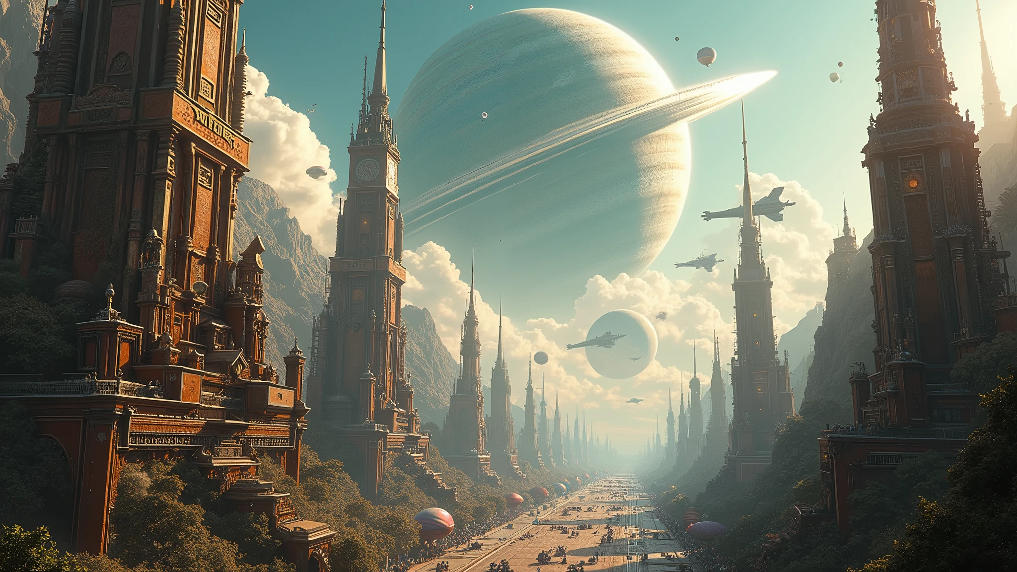 futuristic steampunk city, spaceships flying over the city, a planet with a ring around it, digitalpainting, imagem futurista, Science fiction, deep space, 8k, ultra-high details, (hatred:-1), (by Sanford Kossin:-0.5), resolution,work of art:1.2,ultra detali,realisitic:1.37 hot air balloon,HP.Lovecraft style