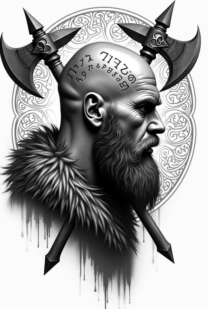 Black and white pointillism Viking tattoo in profile with Viking runes and sharp axes