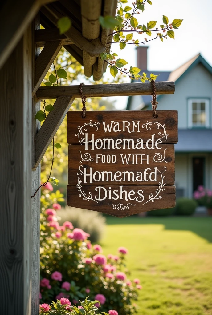 A sign that reads 'Warm homemade food with homemade dishes'