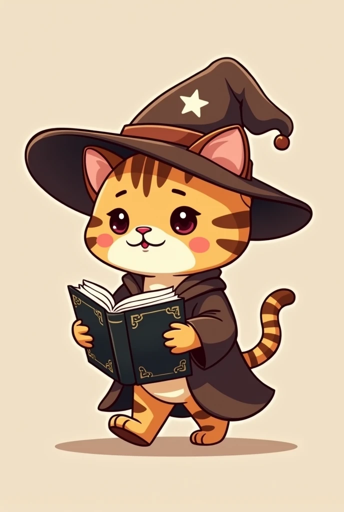 Simple and cute cartoon character illustrations, A cute chibi character-style Bengal that walks on two legs,The majority of the background is a single color, The Bengal is wearing a slightly oversized wizard's hat, Wearing a magician's robe, A design that evokes a sense of familiarity and trustworthiness, Facing forward, Holding a black, open magic book with decorations on its cover