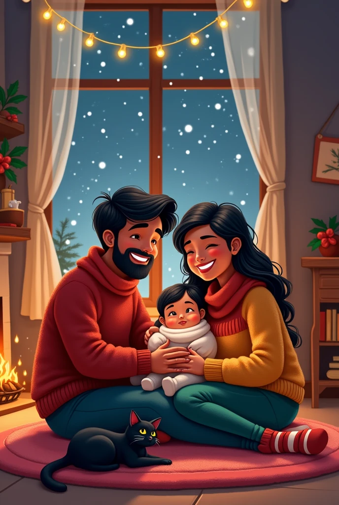 Cartoon of winter eve of Christmas young mom,dad and baby sitting in front of fireplace. Snowfall outside the window, a black cat with them. The parents are indian. All wearing cozy clothing