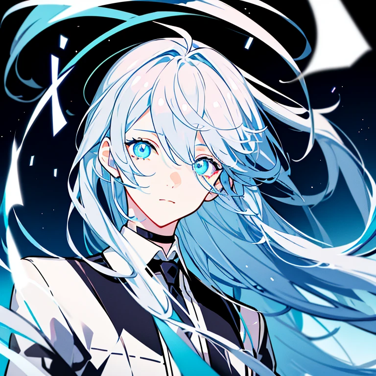 VTuber Illustration、High resolution、create、whole body,Gray Hair,Neutral Facial Features,cute,Clever boy,Bangs between the eyes, Stars in the Sky, Light blue eyes, Gradient colored eyes, Gradient eyes, Long eyelashes, Sparkling eyes, Ahoge, Cinematic light effects, Bright Eyes, Sparkling eyes, Glowing Eyes, Black clothes,Dark Places,