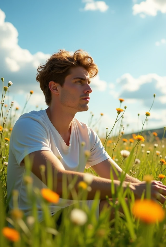A handsome young man with fair skin, white as milk, sits amidst a field of grass under a clear blue sky.
