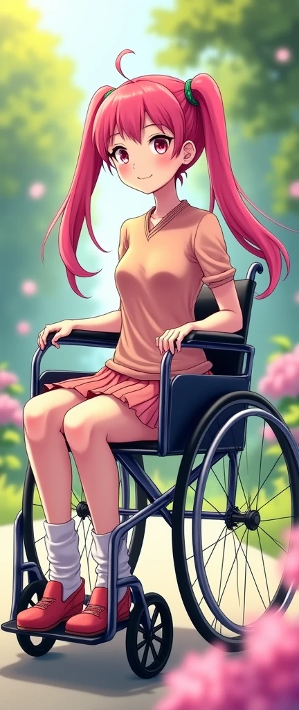 Slim 14 years girl on wheelchair, stockings, skirt lift, small t-shirt, arm warmers, long pink twintails