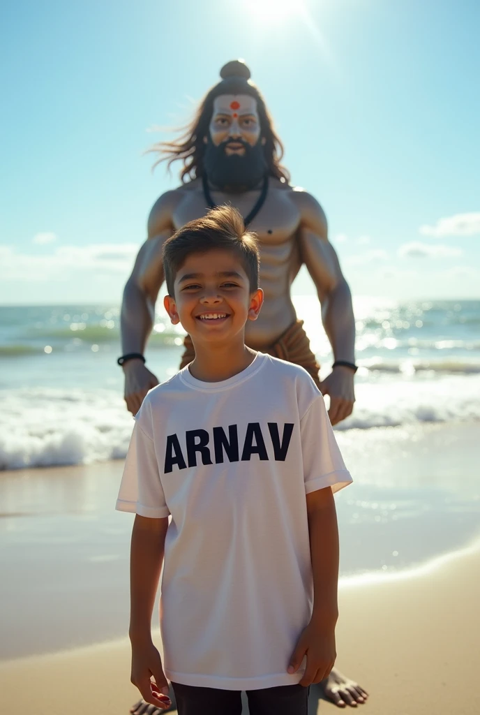Sea vivew a boy wear a whit t-shirt name " ARNAV" Bold font big name hug with lord hanuman
