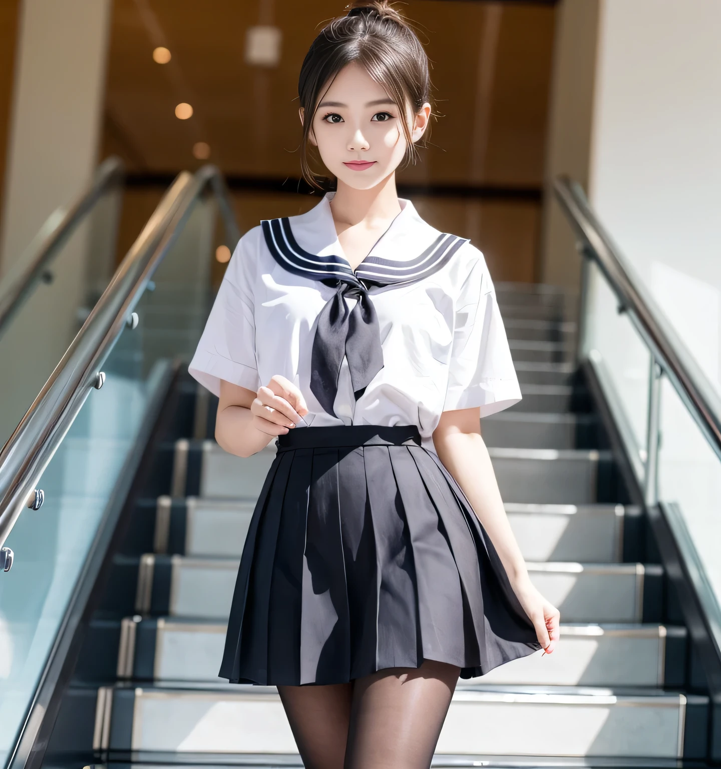 Black pantyhose nude、Idol face、Highest quality、Highest quality、Ultra-high resolution、masterpiece、8k、Clear photos、RAW Photos、escalator、smile、Whole Body Ezbian:1.2、A girl wearing a delicate sailor uniform and pleated skirt:1.8、Very cute Japanese、Bobcut、 lift up short pleated skirt:1.8、Taken from the bottom of the escalator、Show off your thighs:1.8