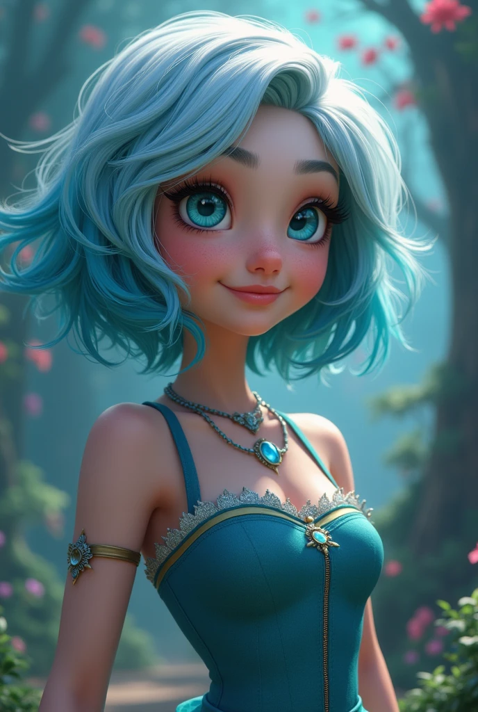 (Highest quality, 8k, 32K, masterpiece, Ultra-high resolution:1.2),Cute 18-year-old American woman image, Large Breasts, Very short bob hair,Full Body Shot,(one piece,1.1) necklace, background, Looking into the distance,Smile (((Silver streaks in blue hair))), (((Bright light blue eyes))) (((Award-winning details)) ((The atmosphere of the Disney movie Descendants))),Wore skirts,Blue-green hair/Light blue hair,
