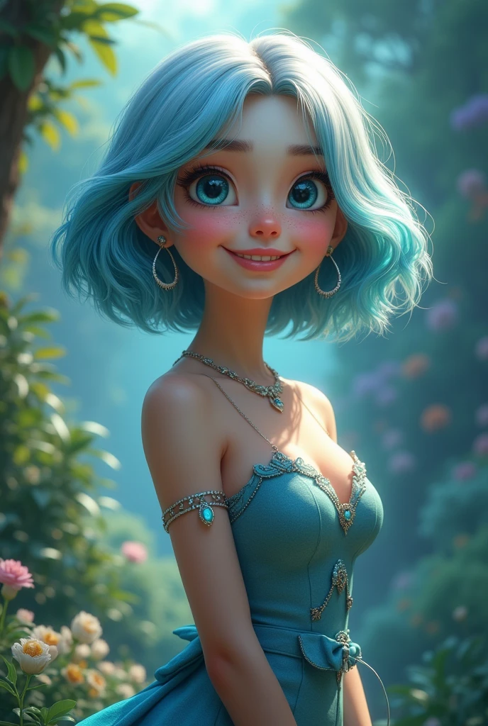 (Highest quality, 8k, 32K, masterpiece, Ultra-high resolution:1.2),Cute 18-year-old American woman image, Large Breasts, Very short bob hair,Full Body Shot,(one piece,1.1) necklace, background, Looking into the distance,Smile (((Silver streaks in blue hair))), (((Bright light blue eyes))) (((Award-winning details)) ((The atmosphere of the Disney movie Descendants))),Wore skirts,Blue-green hair/Light blue hair,