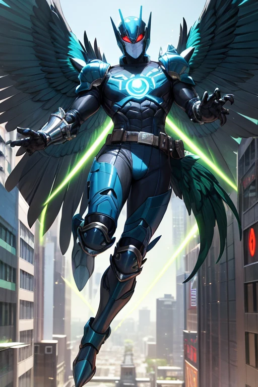 ((best quality)), ((masterpiece)), (detailed), 1 male, full body, 25 years old, masked, blue head, uncovered mouth, blue biker helmet, black collar, tall, thin, black details, a green parrot with a blue head on his side, metallic wings, wings on his suit, blue fingerless gloves, blue wrist guards, luminous blue wings that shoot lasers, blue suit resembling light armor, blue suit with an emblem, completely green chest, emblem on his chest, green pants, deployable bird tail, metallic feathers, gray knee pads, metallic gray boots, metallic bird claws, black superhero belt, flying through the city, midday city background, anime