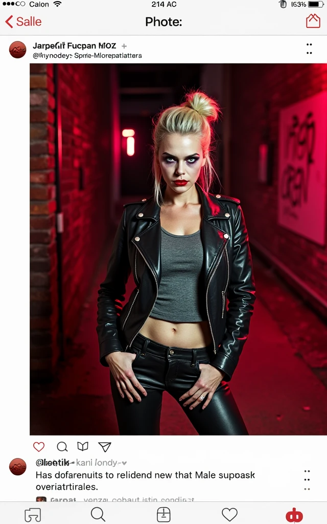 Old russian milf, platinum blonde hair in top bun ,with very light blue eyes, pale, smeared heavy makeup. Wearing black moto jacket, cropped rock t-shirt, black leather jeans and white tennis sneakers. Scared