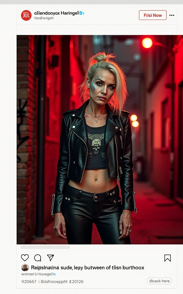 Old russian milf, platinum blonde hair in top bun ,with very light blue eyes, pale, smeared heavy makeup. Wearing black moto jacket, cropped rock t-shirt, black leather jeans and white tennis sneakers. Scared