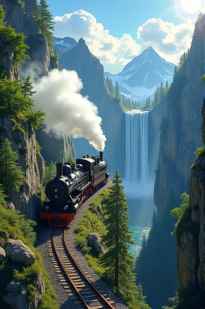 Mountain train waterfall 