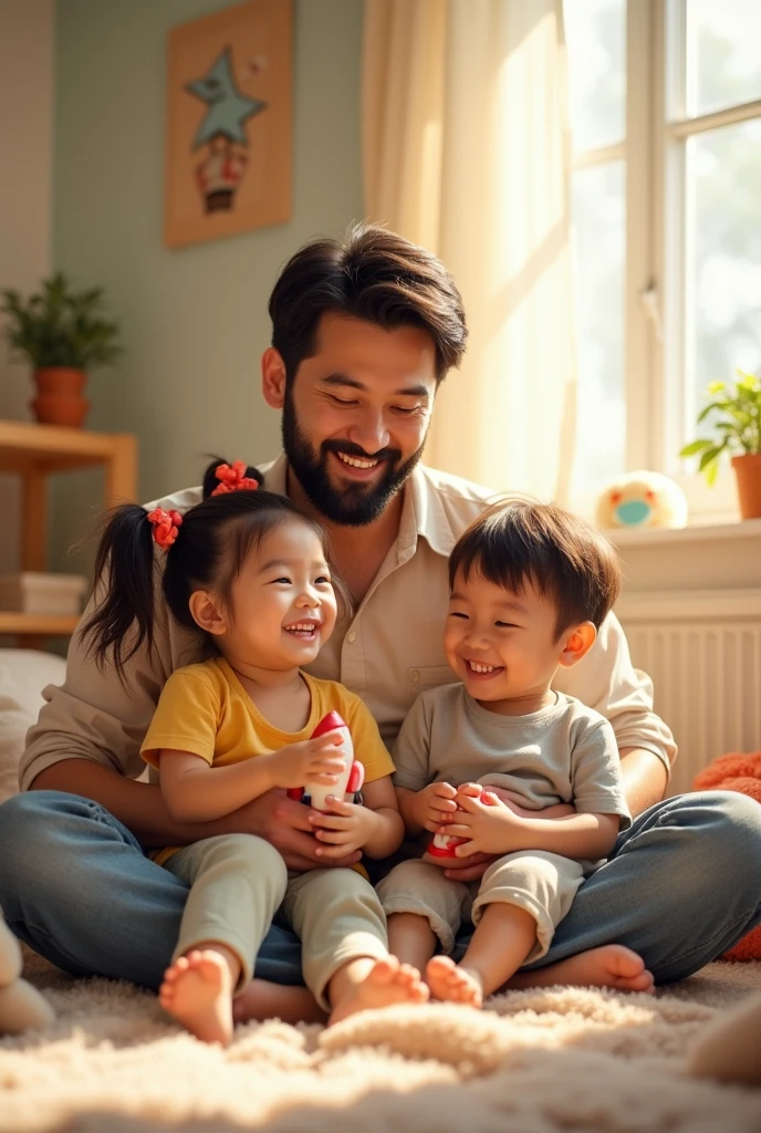 A mother with two twin children, a girl and a boy, on her lap and two more Japanese boys beside her A bearded father behind