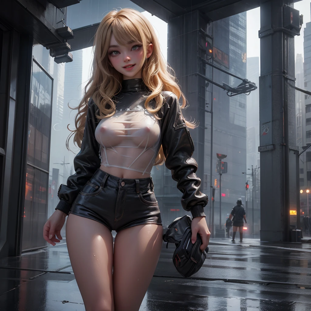 gorgeous 18 year old with wavy blond hair detailed alluring eyes d-cup breasts, Thigh gap long sexy legs wearing tiny shorts tshirt laughing in beautiful futuristic cyberpunk+ city, mist, wet, raining, best quality masterpiece, photorealistic, detailed, 8k, HDR, shallow depth of field, broad light, high contrast
